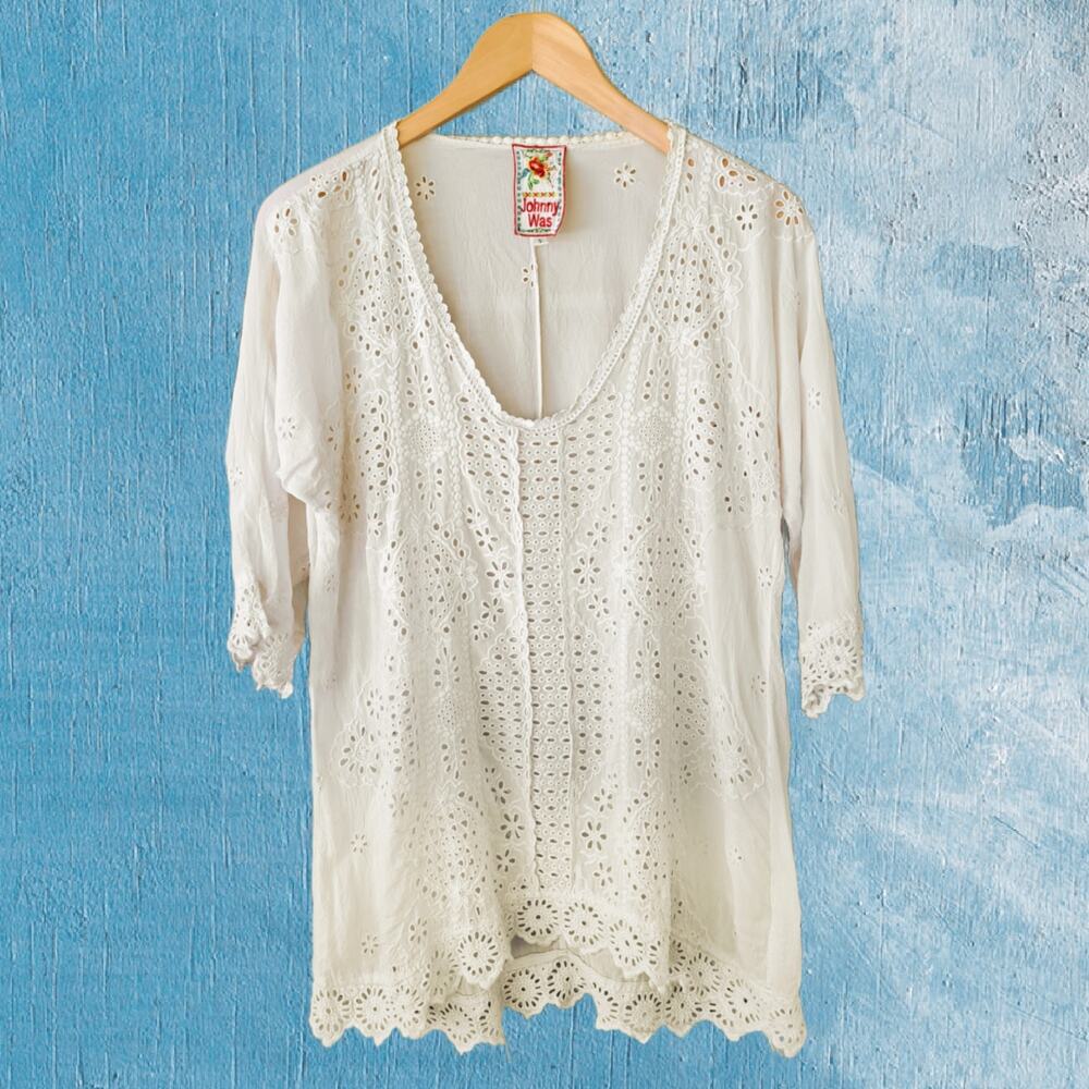 Johnny Was Ivory Solid Embroidered Eyelet Tunic Top Size Small